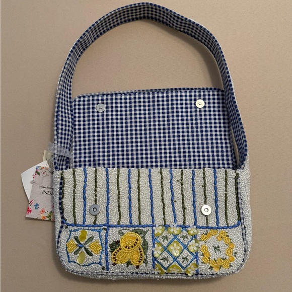 Handcrafted in India Beaded Bag Lemon Tiles with Gingham Interior - Picture 7 of 8